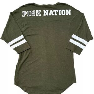 Victoria's Secret PINK Nation Quarter Sleeve Army Green Logo Tshirt Top Medium